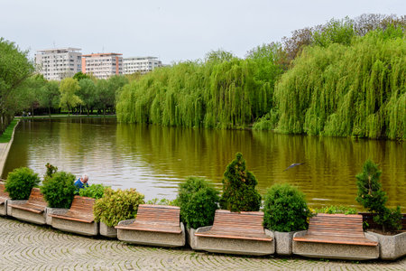 Bucharest, Romania - 1 May 2021: Landscape with water and green weeping willow trees on the shoreline of Titan Lake in Alexandru Ioan Cuza (IOR) Park in a cloudy spring day with white skyのeditorial素材
