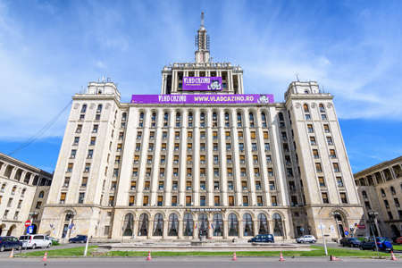 Bucharest, Romania - 15 May 2021: The main building of the House of the Free Press panorama (Casa Presei Libere) in the style of Soviet Socialist realism in the city center in a sunny spring dayのeditorial素材