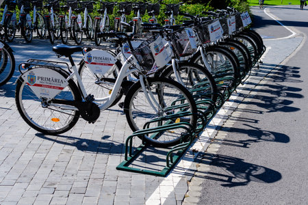 Bucharest, Romania, 22 September 2019: Public bike sharing bicycles from Bucharest District 6 City...