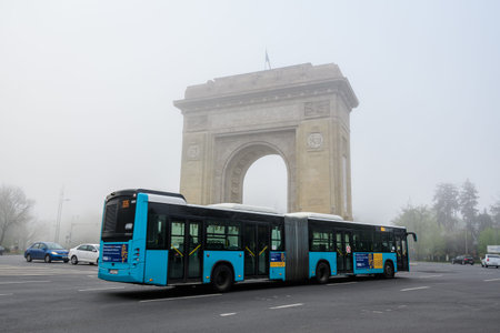 Bucharest, Romania, 25 April 2021: Arcul de Triumf (The Arch Of Triumph) is a triumphal arch and landmark, located in the Northern part of the city on Kiseleff Road near King Michael I (Herastrau) Parkのeditorial素材