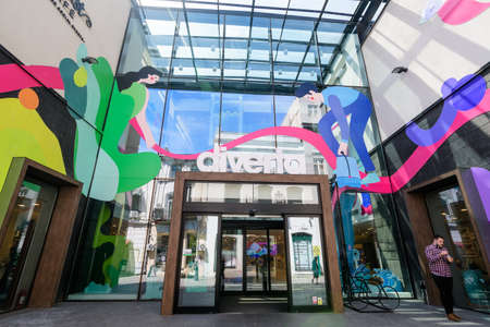 Bucharest, Romania - 6 May 2021: Main entry to Diverta bookstore on Lipscani Street (Strada Lipscani) in the historical center (Centrul Vechi) in a sunny spring dayのeditorial素材