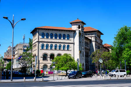 Bucharest, Romania - 9 May 2021: Ion Mincu University of Architecture and Urbanism (Universitatea de Arhitectura si Urbanism Ion Mincu) near University Square (Piata Universitatii)のeditorial素材