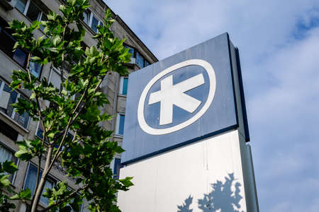 Bucharest, Romania - 6 June 2021: Large logo of at the entrance of a Alpha Bank branch in downtownのeditorial素材