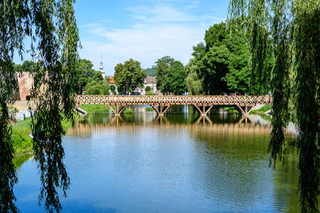 Large wooden bridge at the entry into the historical buildings of Fagaras Fortress (Cetatea Fagaras) in a sunny summer day, in Transylvania (Transilvania) region, Romaniaのeditorial素材