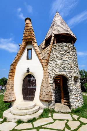 Clay Castle from the Valey of the Ferries (Castelul de Lut Valea Zanelor) in Porumbacu de Sus village in Sibiu county, in Transylvania (Transilvania) region, Romania in summerのeditorial素材