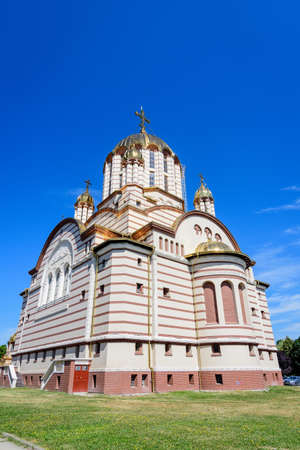 Sfantul Ioan Botezatorul Orthodox Cathedral in the center of Fagaras city, in Transylvania (Transilvania) region, Romania in a sunny summer dayの写真素材