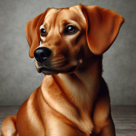 Portrait of a beautiful red dog on a gray background. Close-upの素材