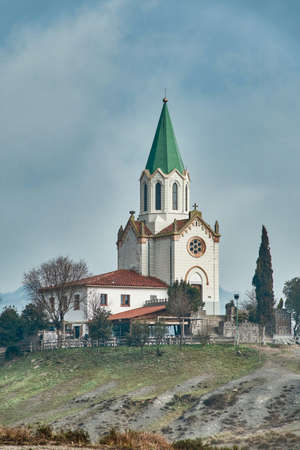 Isolated religious hermitage on the mountain in the town of Manlleu, in Cataloniaの写真素材
