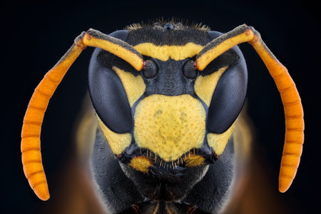 A close up of a wasp's face with orange and black markings. The wasp's face is the main focus of the image, and the orange markings on its face make it stand outの写真素材