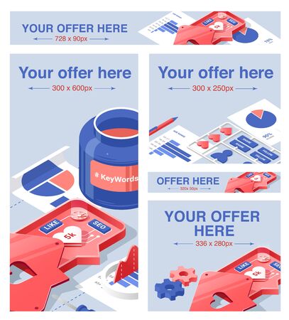 set of most popular sizes of web banners. Standard Banner Sizes List, online advertising, Top Performing Bannerのイラスト素材