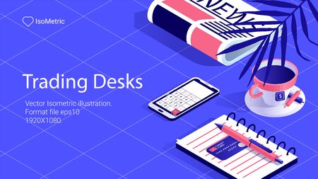 illustration of Workplace trader , work desk, isometric banner, vector illustration for landing or web siteのイラスト素材