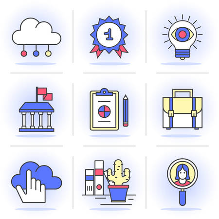 Flat Line Icons Set. Cloud storage, business and finance, the search for employees and customers,Isolated Objects in a Modern Style for Your Design.のイラスト素材