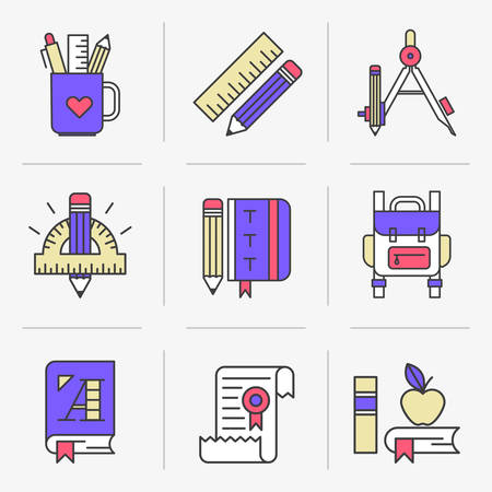 Flat Line Icons Set. Learning  Education, Stationery Set School Supplies. Isolated Objects in a Modern Style for Your Design.のイラスト素材