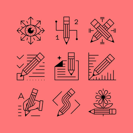 Set of line vectors icons in the flat style. The pencil tool, creative professional content creation, proofreading and editing, art and design.のイラスト素材
