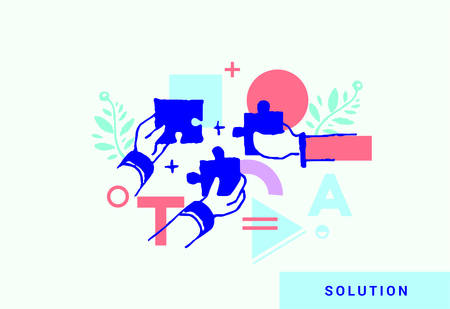 Business solutions.Vector illustrations in a modern style hands with pieces of puzzle, teamwork, success and strategy concept. Free-hand drawing style.のイラスト素材