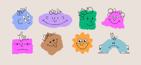 Funny and sad figures of random geometric shapes with texture shabby edges,のイラスト素材