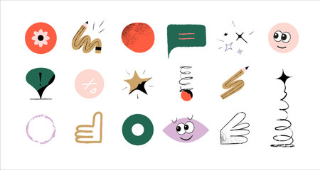 Set of unusual modern vector doodle icons of creative shapes, creative projects and design