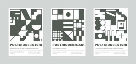 Set of square abstract posters in scandinavian style, with whimsical brutalistic geometric shapesのイラスト素材