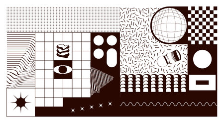Abstract surreal black background combined from pieces of memphis patterns and geometric shapes