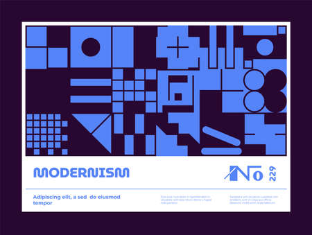Horizontal poster with a minimalistic design in the Bauhaus style, brutal cover with abstract geometric shapesのイラスト素材