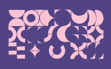 Horizontal poster with geometric textured shapes, square and round elements with sharp corners,のイラスト素材