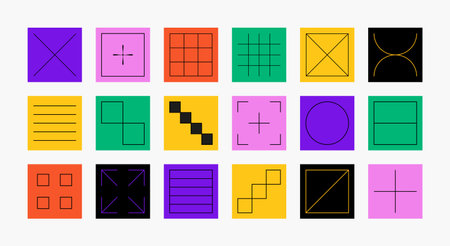 set of simple geometric abstract thin line icons in a minimalist square shape design.のイラスト素材