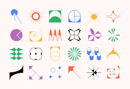 Set of modern futuristic figures. Abstract geometric shapes in brutalism style. Fragile vector objects with thin outlineのイラスト素材
