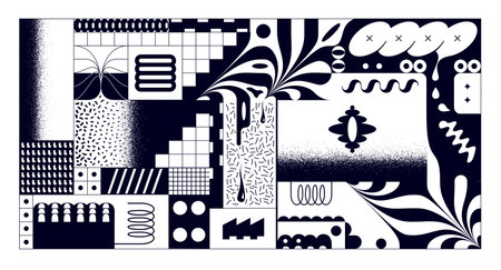 Abstract surreal black background combined from pieces of memphis patterns and geometric shapesのイラスト素材