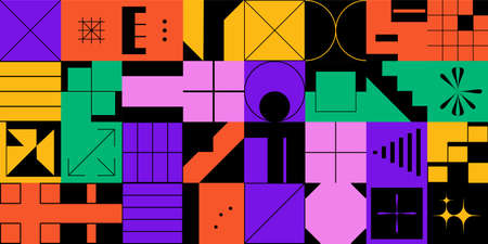 Horizontal background consisting of a set of abstract geometric futuristic figures with a thin line, modern shapes and objects. Vector illustrationのイラスト素材