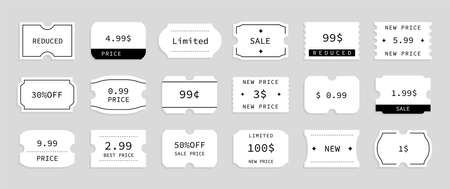 Set of price tags with special offers and discounts. Stickers of price reduction, limited stocks, sales. Minimalist coupon design in modern style.のイラスト素材