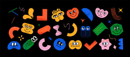 Set of vector big-eyed funny geometric objects of different shapes with emotions on the face. Random geometric figures in a trendy cartoon style.のイラスト素材