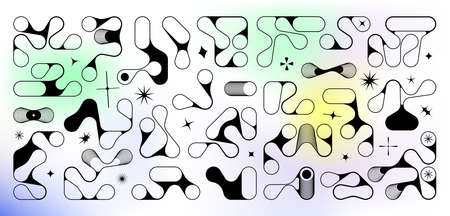 Set of vector random shapes. Fluid drop shapes in brutalism style. Linear objects with a thin stroke. Flares and stars y2k dessignのイラスト素材