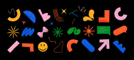 Big set of simple abstract vector geometric textured objects and freeform shapes. Funny figuresのイラスト素材