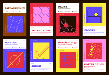 Vertical poster A4. Banners with geometric linear figures in memphis style. Set of abstract posters...