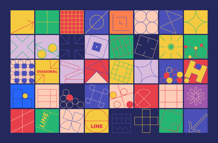Set of simple geometric abstract thin line icons in a minimalist square shape design. Vector...