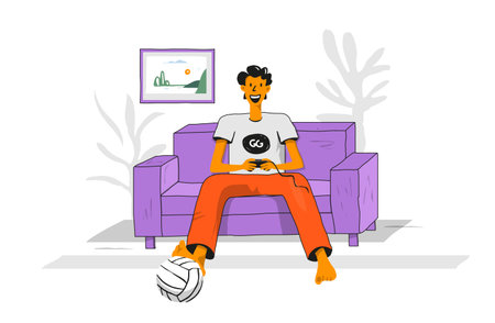 Modern Vector illustration of a gamer sitting in a room on a sofa with a joystick in his hands.