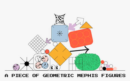 Bunch of geometric shapes in memphis style. Vector linear illustration of creative process, app development, graphic design.のイラスト素材