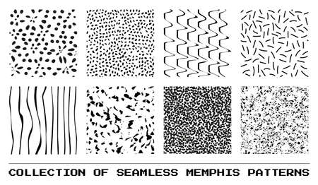 Set of abstract seamless memphis patterns with spots and lines in 80s style. Vector illustrationのイラスト素材