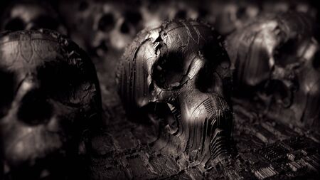 Occult still life with human skulls. Alien technology on a science fiction surfaceの写真素材