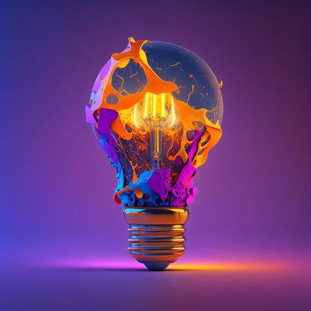 creative idea concept, colorful glowing light bulb on purple background, generative ai illustrationの素材