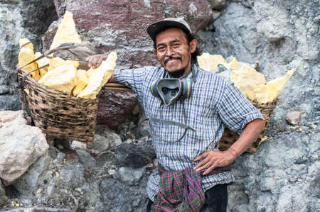 Portrait of a worker at Ijen crater, a sulfur mine in Java, Indonesiaのeditorial素材