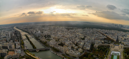 Sight on evening Paris and Seine from Eiffel tower - panorama.の写真素材