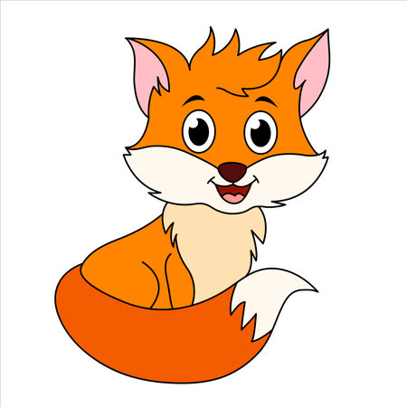 Cute Fox Cartoon Sitting. Kawaii Fox Cub Illustration For Children. Forest Animal Background.のイラスト素材