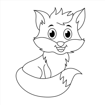 Cute Fox Coloring Page. Cartoon Fox Illustration For Children. Kawaii Fox Cub Coloring Book. Black And White Line Art. Outline Page Activity For Kidsのイラスト素材