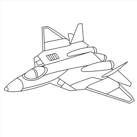 Military Aircraft Coloring Book For Children And Adults. Air Fighter Outline Design. Cartoon Airplane Isolated on White Background. Fighter Jet Drawing Line Art Vector Illustrationのイラスト素材