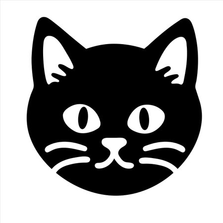 Cute Cat Face Icon. Isolated Cat Head Symbol. Logo Black Cat Emblem Sketched Illustration. Flat kitten black design. Vector Cartoon Kitty On White Backgroundのイラスト素材