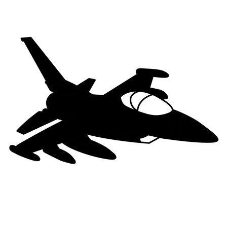 Fighter jet aircraft silhouette on white background, military plane vector design, plane icon in black and white. Airplane logo vectorのイラスト素材