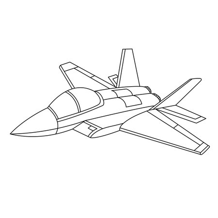 Aircraft Coloring Page. Cartoon Jet Fighter Outline Design. Military Airplane Isolated on White Background.のイラスト素材