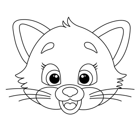 Sweet Cat Smiling Outline Design On White Background. Cute Kitty Face Cartoon Vector Illustration. Cat Coloring Page. Kitten Head Contour Silhouette. Design For T-shirt Graphicsのイラスト素材