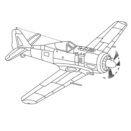 Focke-Wulf Fw 190 Wurger Aircraft War World II Fighter Coloring Page. Vintage War Plane. Military Airplane Vector Illustration. German Fighter Plane 1941のイラスト素材